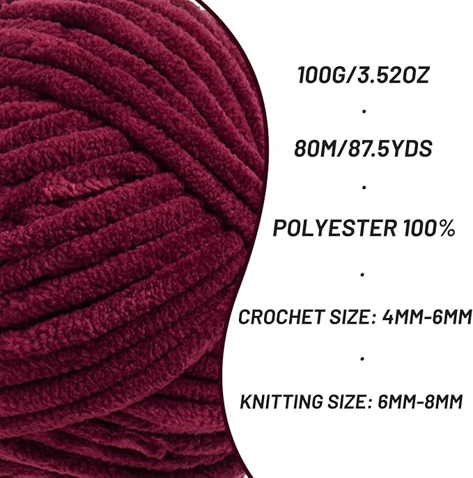 2 Pack Chunky Chenille Yarn for Crocheting, Baby Yarn for Crocheting Soft Blanket, 174.9 yds /7 oz Crochet Yarn, Bulky 5 Amigurumi Yarns, Fluffy Velvet Yarns for Knitting Crafts (2 Burgundy)