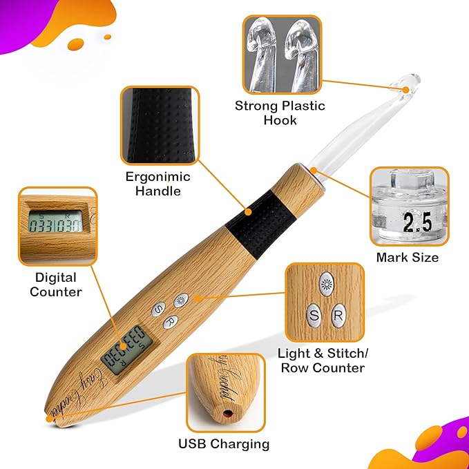 Crochet Counting Hook & Handle Set - 18 Hooks 2mm-14mm - Comfortable Ergonomic Soft Grip - w/Digital LED Row Stitch Finger Counter Marker Easy to Read Numbers - Crocheting Knitting Kit - Easy to Use