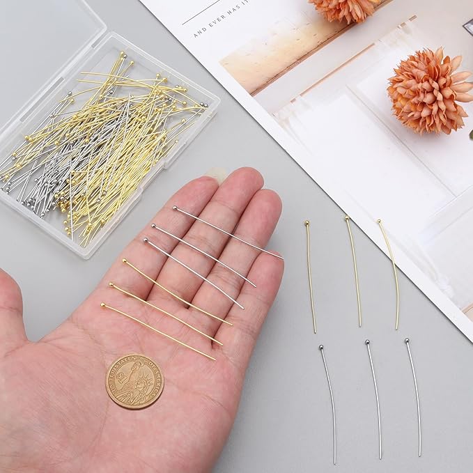 200 Pcs 50mm Straight Ball Pins for Craft Earring Bracelet Necklace Pendant DIY Jewelry Making, Platinum & Gold Color