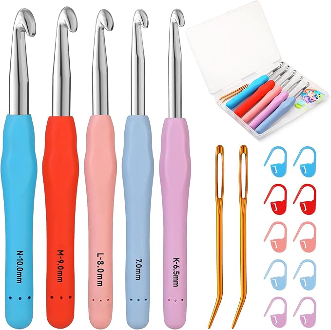 Mayboos 5 Sizes Crochet Hook Set, Large Crochet Hooks Yarn Needle Kits Knitting Needles with Ergonomic Handles for Crocheters Beginners