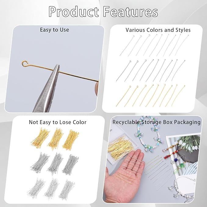 210 Pcs 50mm/1.97 Inch Head Pins for Jewelry Making Straight Ball Eye Pin for DIY Christmas Styles Craft Earring Bracelet Necklace Pendant Making (Mixed Pins,Sliver Color)