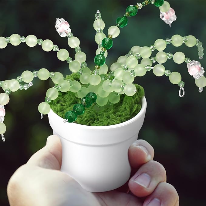 Hoolerry 2 Sets DIY Beaded Plant Kits 2.5 Inch Mini Beads and Planter Making Kit Crafts Desktop Vase Decor Green Beads Succulent Flower Kit Ornaments for Home Decor Plants Lover Handmade Gifts (White)