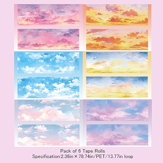 Cloud PET Tape Stickers for Journaling Supplies, 6 Rolls of Colorful Sky Themed Scrapbook Stickers for Scrapbooking, Junk Journal Supplies, DIY Crafts(Realm)