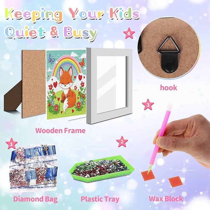 Dlylust Fox Diamond Art Kits for Kids with Frame, Gem Art for Kids Ages 4-8-12, Easy Diamond Painting Kit with Beautiful Package for Gift Home Wall Decor