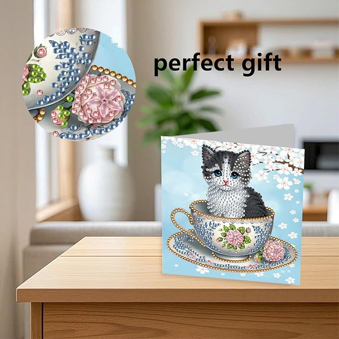 YOKUSHI 12 PCS Cat Diamond Art Painting Greeting Cards, Spring Flowers Craft DIY Card Making Kits for Adults Gifts (Cat)