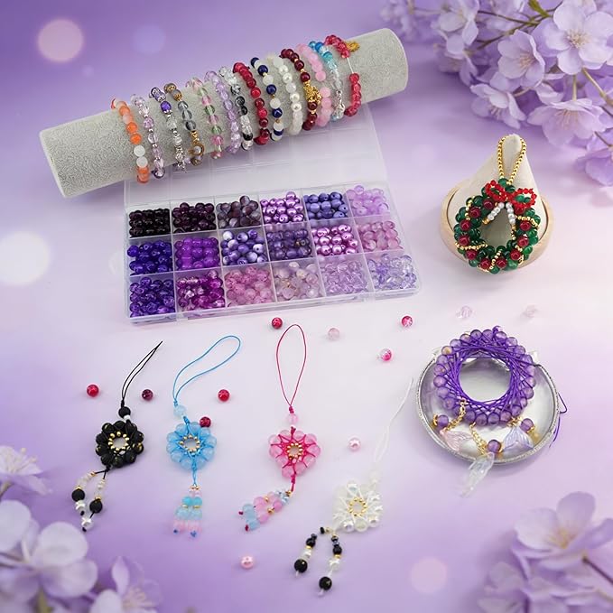 Hanyoung 8mm Glass Beads for Bracelet, Violet Elegant Series Purple 18 Colors 450 pcs Beads for Jewelry Making kit, Crystal Glass Round Beads for DIY Crafts Gifts (Purple Color)