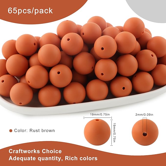 65Pcs 19mm Silicone Beads for Keychain Making Bracelet Necklace, Bulk Round Silicone Beads for Pens(Rust Brown)
