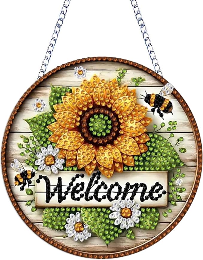 STGLCR DIY Welcome Wreath Acrylic Diamond Art Painting Kits Special Shaped Rhinestone Round Flower Bee Diamond Art Window Pendants Hanging Kits Mosaic Making Kits by Number Kits for Home Garden Wall