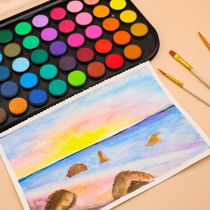 Artecho 48 Colors Watercolor Cake Set with 3 Brushes, Washable, Travel Design, Perfect for Card Making, Illustrations, Painting, Calligraphy