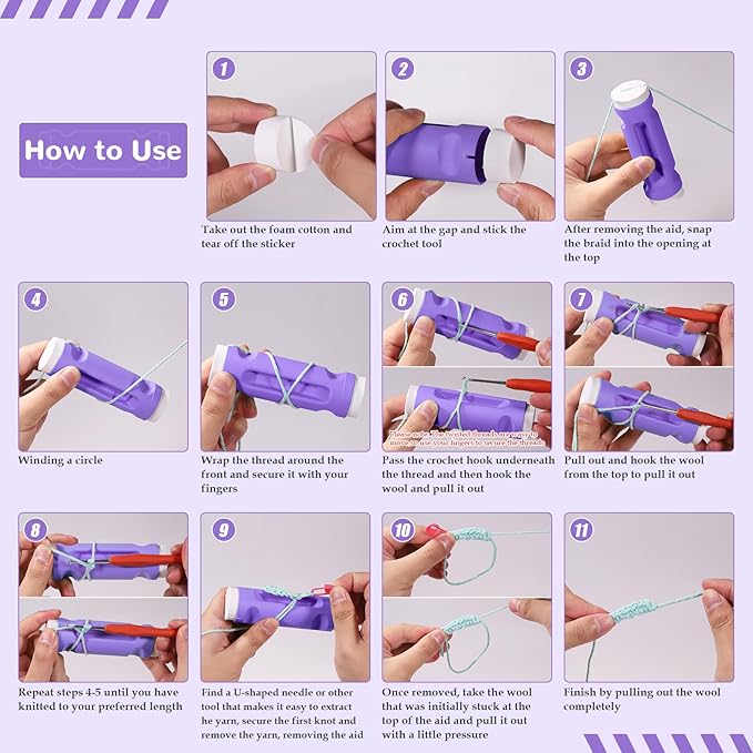 Crochet Loop Guide for Beginners, Durable Plastic 4" Crochet Holder with 6 Replaceable Sponges, Reusable Yarn Guide Tool Accessories for All Yarn Types, Easy Start Crochet Ring Aid (Purple)