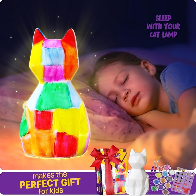 paint your own cat lamp kit, arts and crafts for kids ages 8-12, art supplies painting kit for kids 6-12, cat night light toys girls boy birthday christmas gifts for kid ages 3 4 5 6 7 8 9 10 11 12+