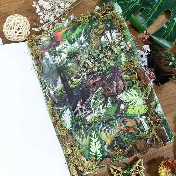 A5 Diecut Journal Sticker Book for Adults Journaling, 20 Sheets Dinosaur Theme with Assorted Materials- PET, Washi, Paper, Scrapbook Stickers for Scrapbooking, Junk Journals Supplies, Collage