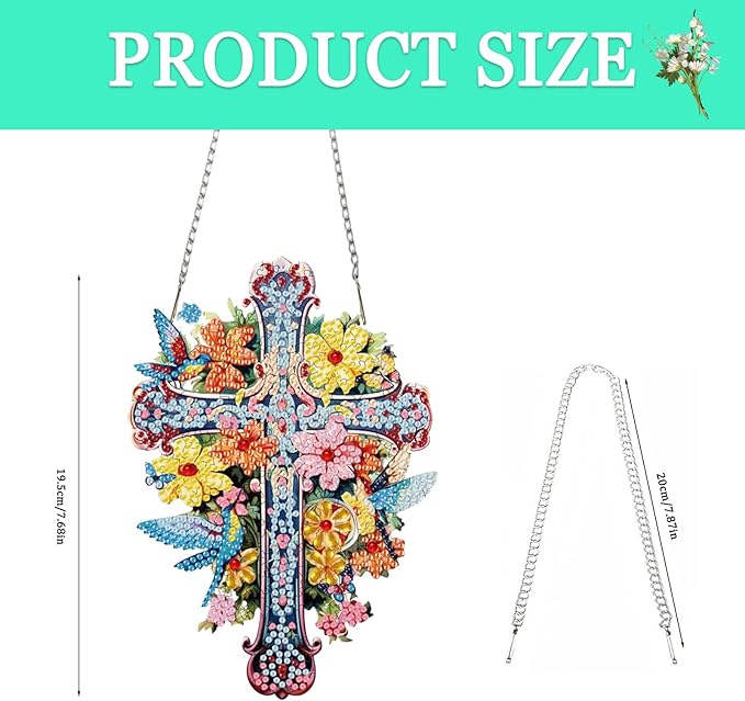 Auremi Cross Diamond Art Painting Pendant Kits with Chain 5D Flower Diamond Art Hanging Kit DIY Diamond Crystal Window Door Hanging Pendant Kit for Adults Gift Wall Decor