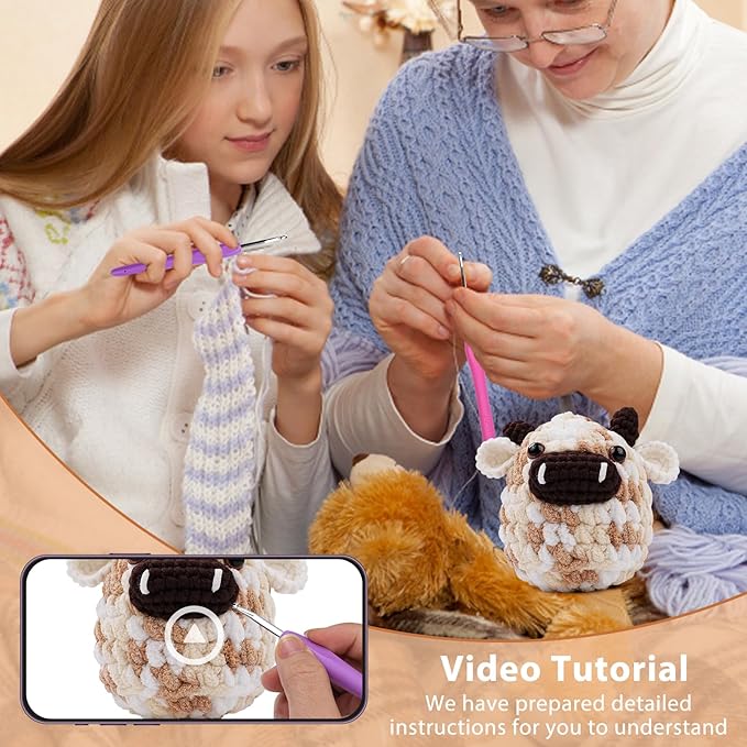 Vanttokeey Crochet Kit for Beginners, Animal Amigurumi Crochet Kits Included, Step-by-Step Video Tutorials, Beginner Crochet Kit for Adults and Kids, Crocheting Starter Set (Cow)
