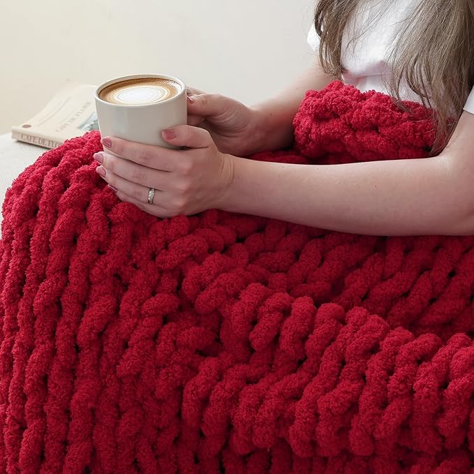Jumbo Chunky Yarn for Hand Knitting - Super Thick Chenille Chunky Yarn for Crocheting - Extra Soft Bulky Fluffy Blanket Big Yarns 8 Jumbo Pack (27yds,8 oz Each Skein) Red