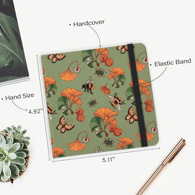 Handy Size 5 x 5 inches Sketch Book, 80GSM Acid Free Artistic Drawing Painting Writing Paper, Hardcover Cloth Cover Art Sketchbook,Journal Notebook.Green Ginkgo Bee