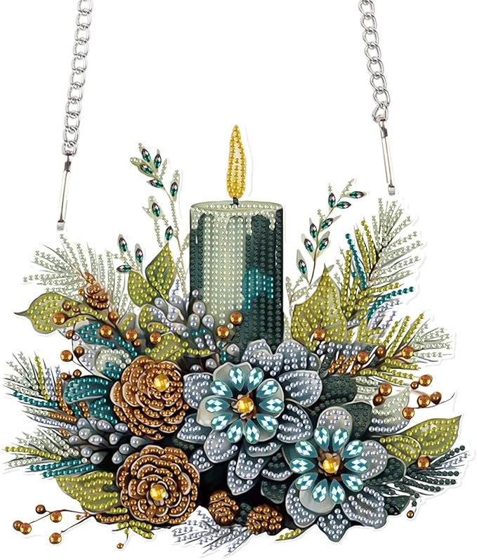 Christmas Diamond Painting Hanging Ornament Kit, 5D DIY Crystal Diamond Art Pendant with Candle and Floral Decoration, Holiday Wall, Window & Door Hanging Decor for Adults, Home Gift, 24.1 x 21.9 cm