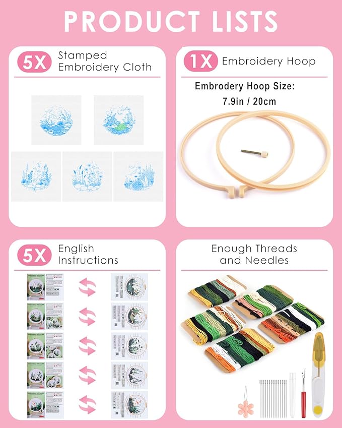 TINDTOP 5 Pack Embroidery Kit for Adult Beginners, Embroidery DIY Starter Kit, with Fish World Stamped Patterns, Hoop, Tools, Colorful Threads with Needles, Instructions