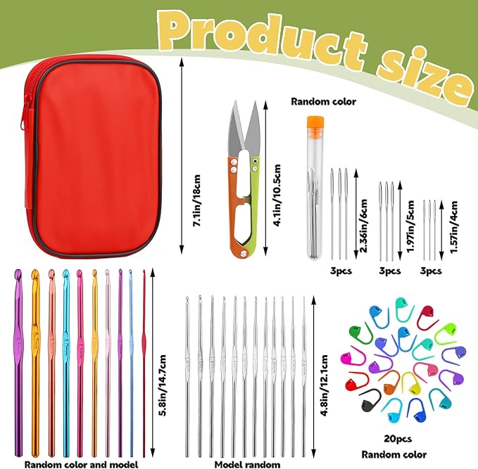 IMZAY 54 Pcs Crochet Hooks Set, 0.6mm-6.5mm Crochet Needles, Crochet Hooks Kit with Storage Case, Ergonomic Knitting Needles Stitch Marker Hand Craft Knitting Accessories for Beginners (Red)