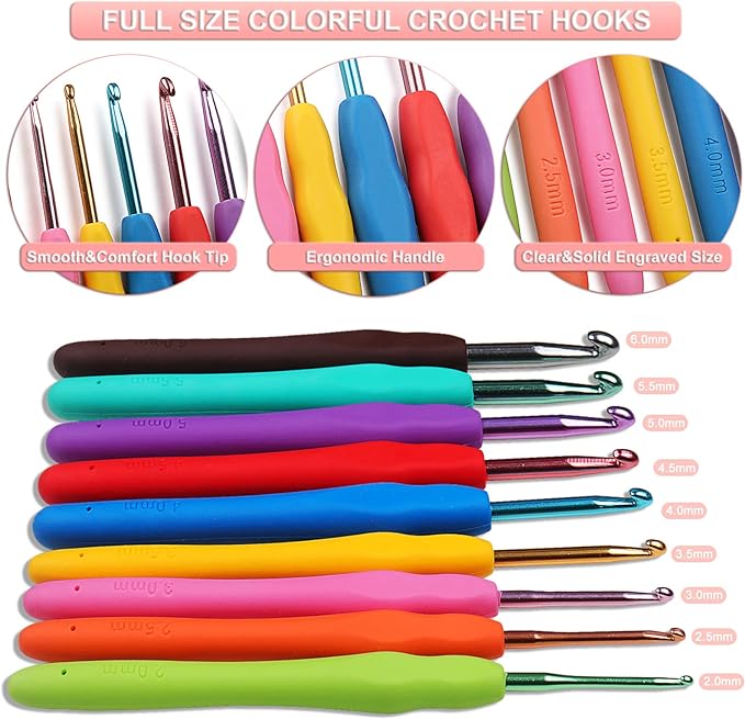 aeelike crochet kit for beginners adults, crochet kits include yarn, 59pcs crochet starter kit for beginners,ergonomic crochet hooks 2.0-6.0 mm, lace steel needles 0.6-1.9 mm