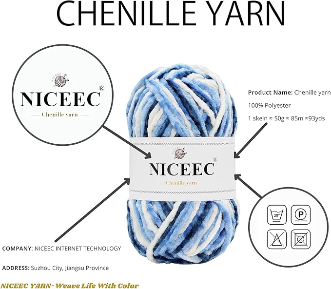 NICEEC 3 Skeins Soft Chenille Yarn Blanket Yarn for Knitting Fancy Yarn for Crochet Weaving DIY Craft Total Length 3×85m (3×93yds, 3×50g)_Blue White
