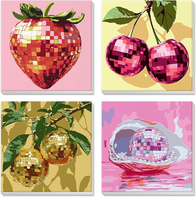 NEWENMO 4 Pack Paint by Numbers for Adults with Wooden Framed, Sparkling Funky Fruit, Paint by Number Kits on Canvas for Beginner, DIY Acrylic Oil Painting Kits for Home Decor 8x8 inch, Disco Ball