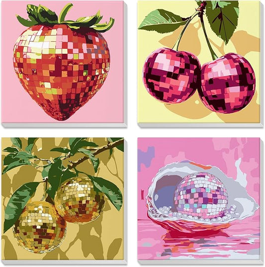 NEWENMO 4 Pack Paint by Numbers for Adults with Wooden Framed, Sparkling Funky Fruit, Paint by Number Kits on Canvas for Beginner, DIY Acrylic Oil Painting Kits for Home Decor 8x8 inch, Disco Ball