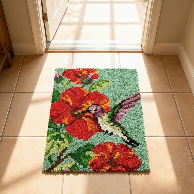 ORIGACH Hummingbird Latch Hook Rug Kit for Adults Printed Rug Making Kit Handmade Carpet Tapestry Cover with Hook Latch and Preprinted Canvas, Home Arts Crafts Sofa Decor, 20.5x15inch