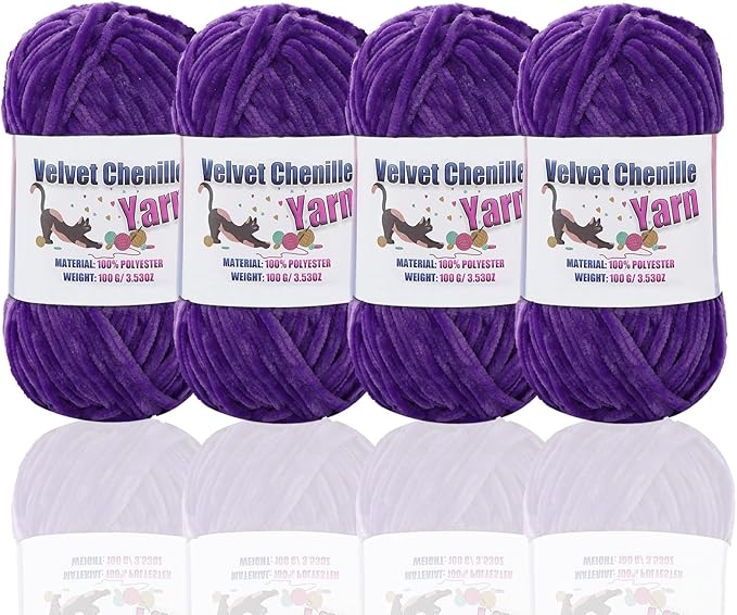 4 * 100g Fluffy Velvet Chenille Yarn for Crocheting and Knitting, Handcrafts Weaving Soft Chenille Yarn for Crocheting Clearance, Used for Making Baby Yarn Blanket, Clothes, DIY Craft (Lavender)