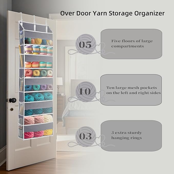 Over Door Yarn Storage Organizer,Large Capacity Yarn Storage Bag with 5 Yarn Balls Storage Pockets & 10 mesh side pockets are available to store Crochet Accessories & Knitting Supplies