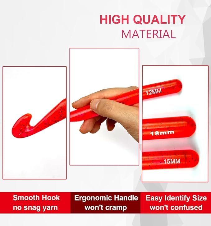 Weabetfu 5 Large Crochet Hook,25mm 20mm 18mm 15mm 12mm Size Crochet Hooks, Large Crochet Hooks for Chunky Yarn,24PCS Big Crochet Needles,10mm-25mm Crochet Hook with Case(Red)