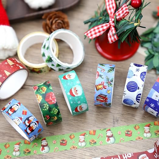 Christmas & Winter Washi Tape Set - 16 Rolls Holiday Decorative Tape for Bullet Journals, Scrapbooking & Gifts (0.6" x 10 ft) - Santa, Tree, Snowman, Penguin, Bear, Red Green Blue