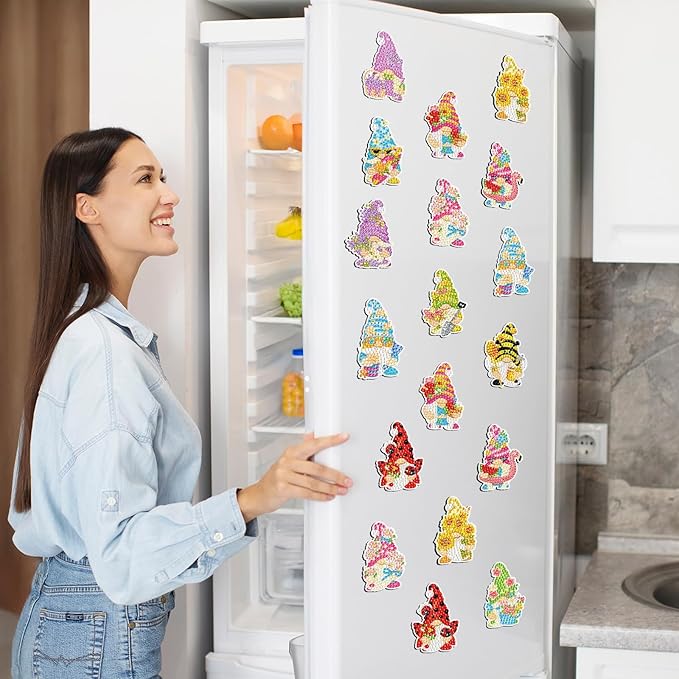 Frienda 12 Pcs Diamond Art Magnets Pastel Refrigerator Diamond Painting Magnets Gnome Spring Summer Easy Kits Interchangeable for Adults Beginners DIY Home Decors Gifts Craft