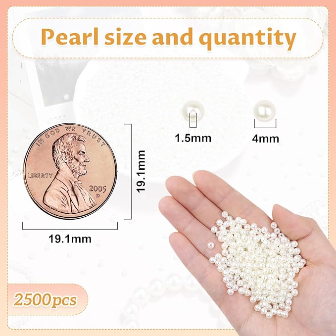 2500Pcs 4mm Small Pearl Beads for Jewelry Making, Tiny Charm Loose White Pearl Beads for Bracelets, Mini Acrylic Fake Round Pearls with Hole for Necklace, Earring, Vase Fille, DIY Craft