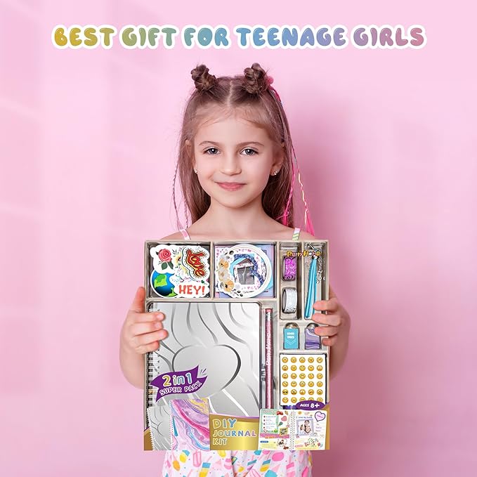 perryhome 2-pack diy journal kit for girls - 200+pcs journal set for teen & tween girls, journaling art & crafts kits,scrapbook&diary supplies set, christmas gifts for 8 9 10 11 12 13 14 year old girl