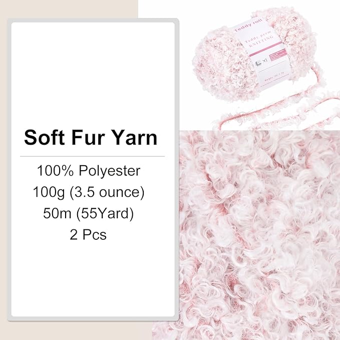 MECCANIXITY 2 Skeins Fur Yarn Soft Fluffy Chunky Yarn Fuzzy Eyelash Yarn Pale Pink for Crocheting Knit Clothes Bag - 55Yard/50m, 3.33ozx2