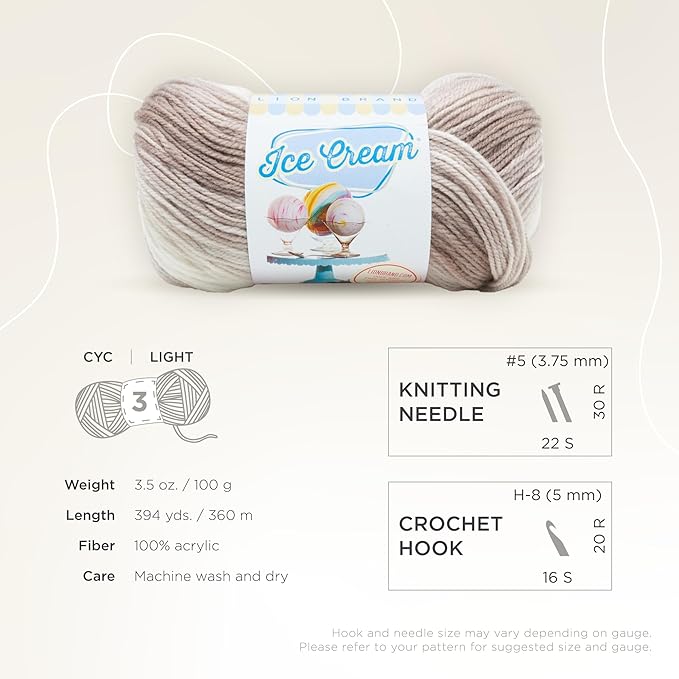Lion Brand Yarn, Ice Cream Baby Yarn for Knitting, Crochet, and Crafts, Coffee, 1 Pack, DK Weight Colorful Acrylic Fiber for Baby Blankets, Hats, and Sweaters