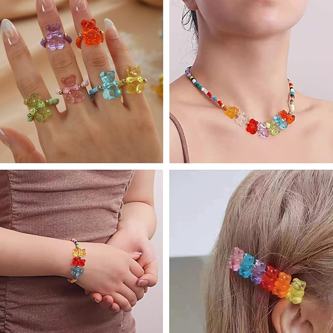 FASHEWELRY 200pcs Clear Acrylic Bear Beads Mixed Color Transparent Gummy Bear Spacer Beads Mini Cute Bears Loose Beads Bulk for Bracelet Necklace Earring Jewelry Making