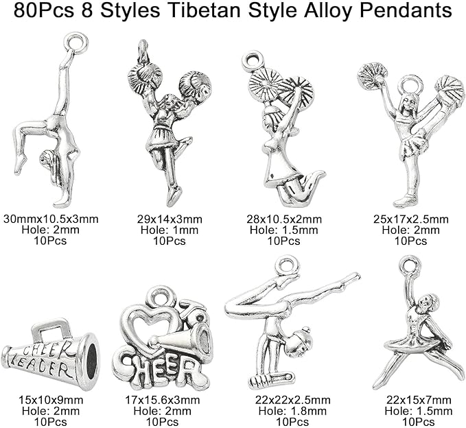 DanLingJewelry 80Pcs 8 Styles Cheerleader Charms Gymnastics Sport Girl Charms for Crafting Jewelry Findings Making
