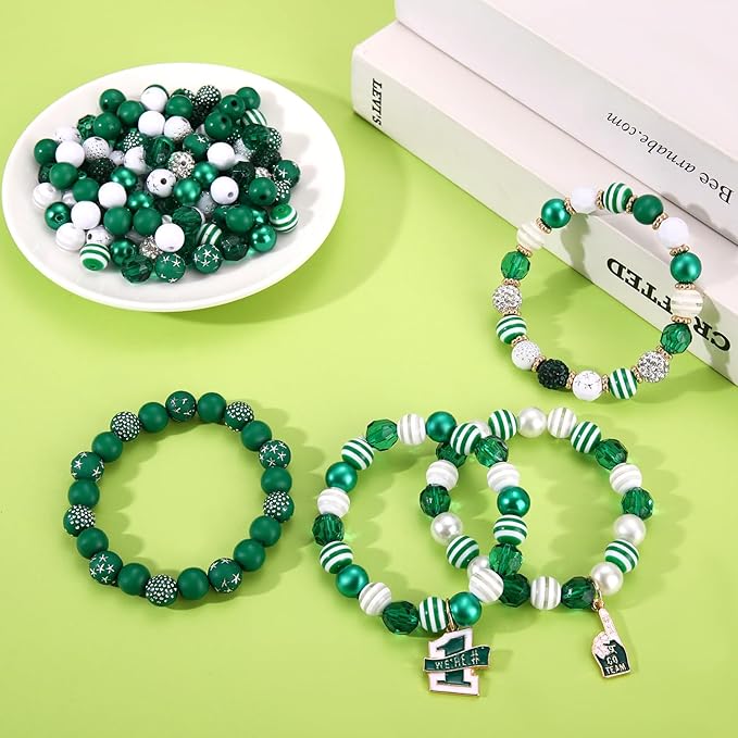 HSWE Game Day Beads for Bracelets Making Kit Heishi Clay Pearl Letter Assorted Round Bead Gold Spacer Beads Football Charms for DIY Bracelets Necklace Jewelry Making (Green White Beads Kit25)