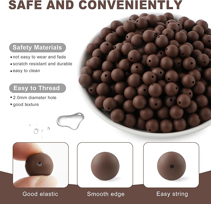 160Pcs 12mm Silicone Beads for Keychain Making Bracelet Necklace, Bulk Round Silicone Beads for Pens（Chocolate）