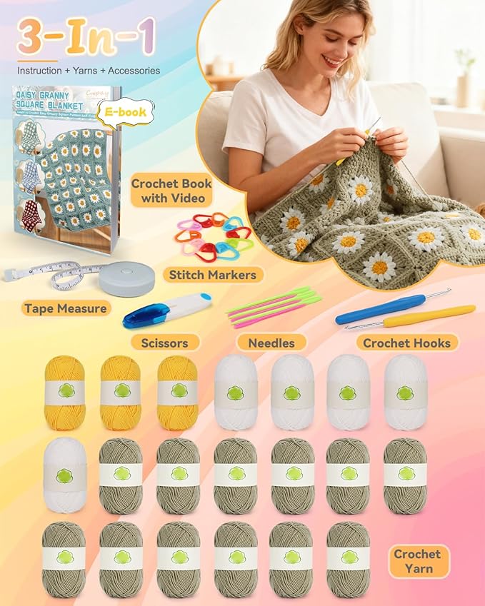 Coopay Crochet Blanket Kit for Beginners, All-in-One Granny Square Blanket Kit with Step-by-Step Video & Enough Yarns - Master Granny Square Crocheting Easily, Ideal Gift for Craft Lovers (Camel)