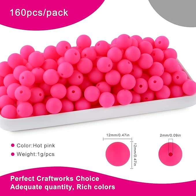 160Pcs 12mm Silicone Beads for Keychain Making Bracelet Necklace, Bulk Round Silicone Beads for Pens（Hot Pink）