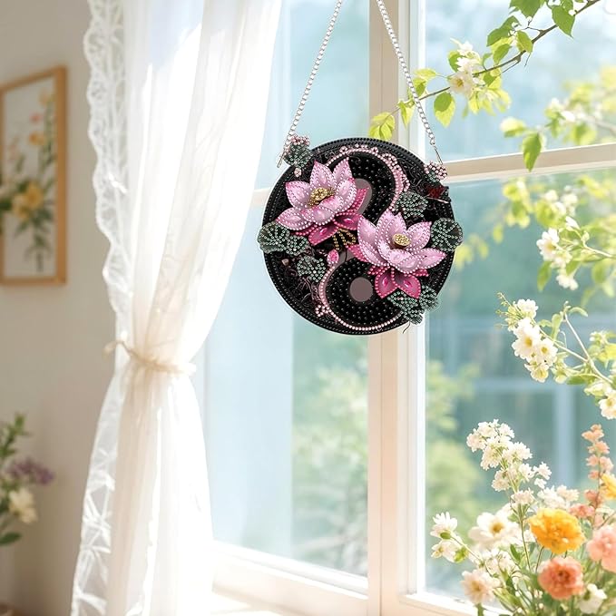 Lxmsja DIY Yin Yang Diamond Painting Hanging Ornament, Double-Sided Acrylic Lotus Flower Diamond Art Kit, Special Shaped Suncatcher Hanging Pendant Window Art Kit 8x8 inch