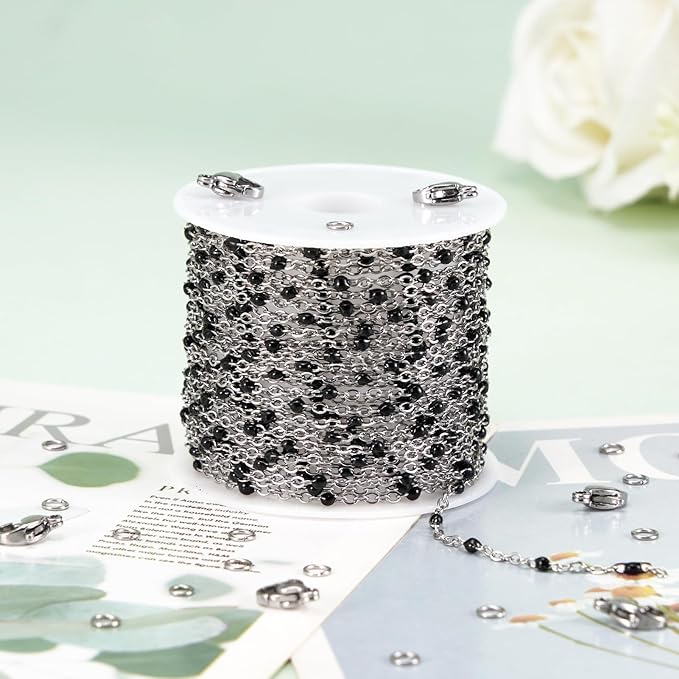 KYUNHOO 16.4FT/5M Black Enamel Beaded Chain for Jewelry Making Silver Cable Link Roll Stainless Steel Jewelry Chain for Necklace Bracelet DIY