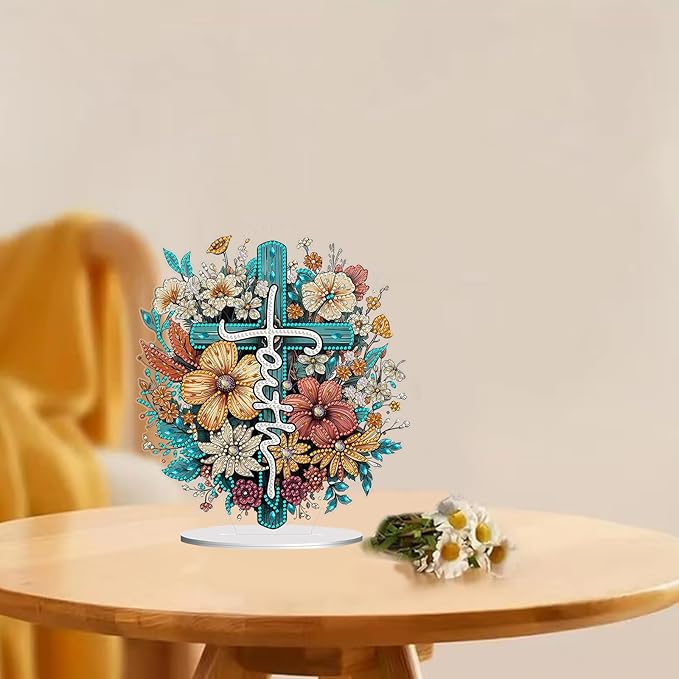 hyzsj DIY Diamond Desktop Ornament, Crystal Cross Flower Diamond Art Painting Tabletop Ornaments Single Sided, Diamond Ornament for Adult Beginner Home Office Decor Crafts Gift
