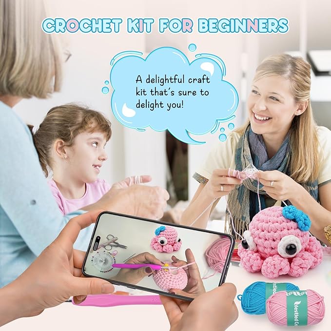 Vanttokeey Crochet Kit for Beginners, Animal Amigurumi Crochet Kits Included, Step-by-Step Video Tutorials, Beginner Crochet Kit for Adults and Kids, DIY Easy Crochet Crafts (Octopus)