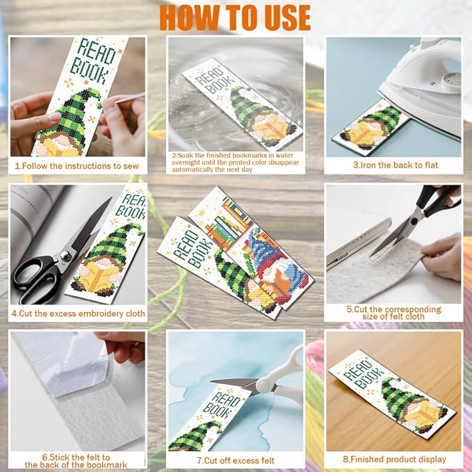 FREEBLOSS 6 Set Cross Stitch Bookmark Kit 11 CT Stamped Cross Stitch Kit DIY Embroidery Bookmark Kits for Adult Beginners with Instructions, Gnome Pattern, 6 x 20 cm/8" x 2.4"
