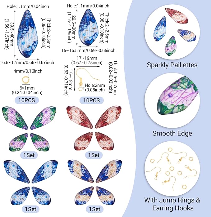 FASHEWELRY 16Pcs Resin Fairy Wing Earring Charms Blue Green Red Butterfly Wing Pendants Flower Print Feather Charms with Jump Rings Earrings Hooks for DIY Earring Jewelry Making