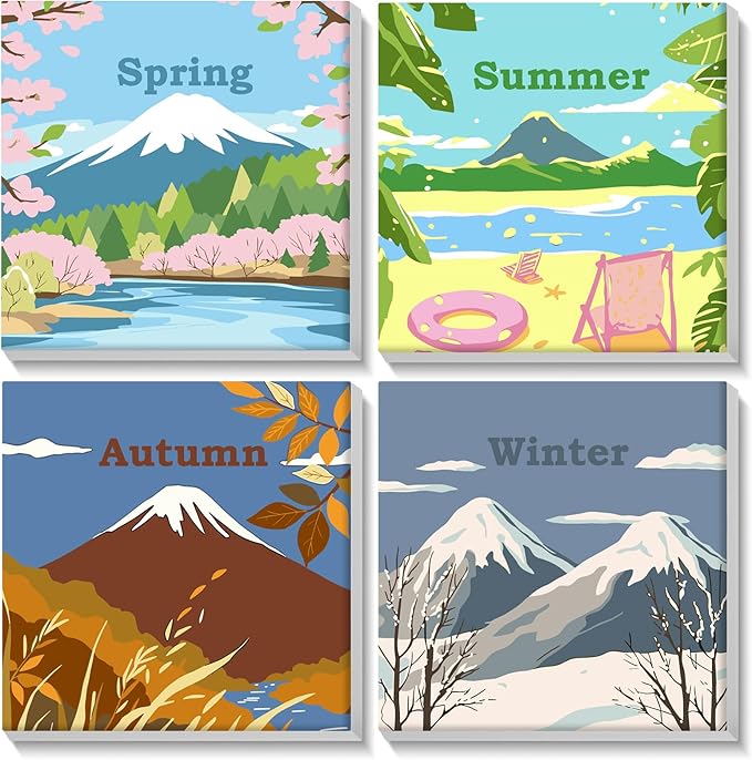 Lxmsja 4 Pack Nature’s Seasonal Grace Paint by Numbers Kit for Adults, Easy Framed Paint by Numbers for Adults Beginner, DIY Acrylic Oil Painting Craft Kits for Home Wall Decor 8x8 inch